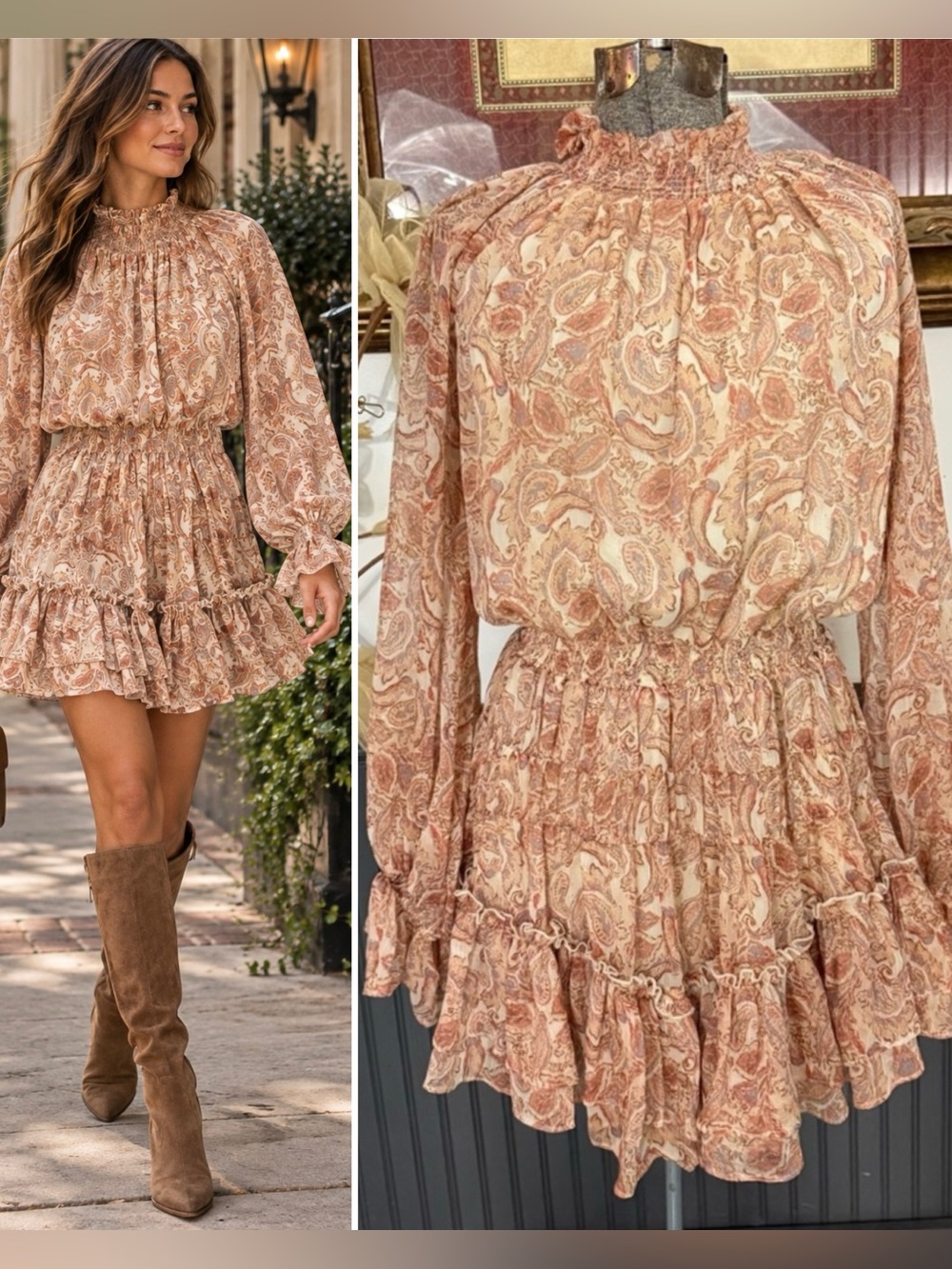 FATE Paisley Smocked Ruffle Neck Balloon Sleeve Flounce Mini Dress Sz S🧡🍄